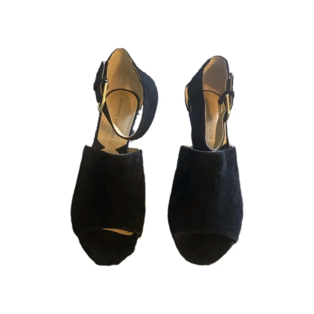 Adrienne Vittadini Black Suede‎ Wedge Sandals Peep Toe Ankle Strap Womens 7.5M